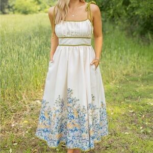 Entro Cream and Blue Floral Midi Dress